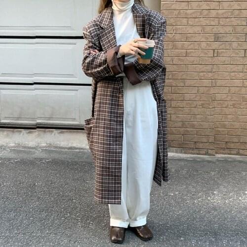 Women Autumn Winter Houndstooth Loose Long Wool Coat Blazer Jacket Button Up Woolen Overcoat Cardigan Pockets