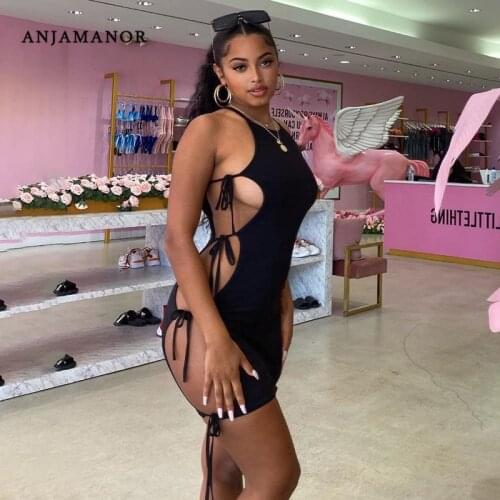 ANJAMANOR Sexy Side Cut Out Lace Up Bandage Mini Dresses for Women Summer 2021 Clubwear Black Strap Bodycon Dress D85-BC15