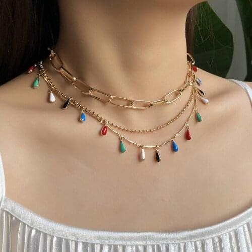 Punk Thick Chain Colorful Glazed Drops Beads Choker Necklaces Women Multilayer Geometric Clavicle Necklace Colar Jewelry Gift