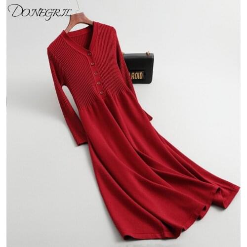 2020 Women Autumn Winter Sweater Knitted Dresses Slim V neck Long Sleeve Sexy Lady elegant Robe Dresses Vestidos