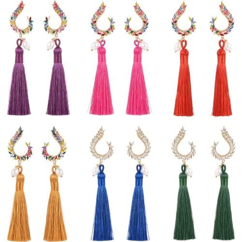 ZHINI Fashion Ethnic Long Tassel Drop Earrings For Women Luxury Colorful Crystal Dangle Earring Pearl Wedding Fashion Jewelry