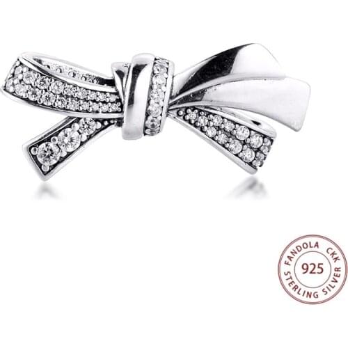 100% 925 Sterling Silver Brilliant Bow Bead Charms Fits Original Bracelets DiIY Beads for Jewelry Making Accessories Bijoux