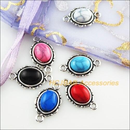 24Pcs Tibetan Silver Oval Mixed Stone Charms Pendant Connectors 12x21mm