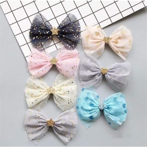 5pcs/lot Fashion Sweet Girls Tulle Bow Hair Clips Bling Bling Heart Stars Barrettes Hairpin Kids Hair Accessories Best Gift