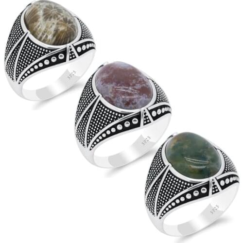 925 Sterling Silver India Agate/Coral Stone Rings for Men Women Natural Gemstone Jewelry Ring Vintage Turkish Thai Silver Fine