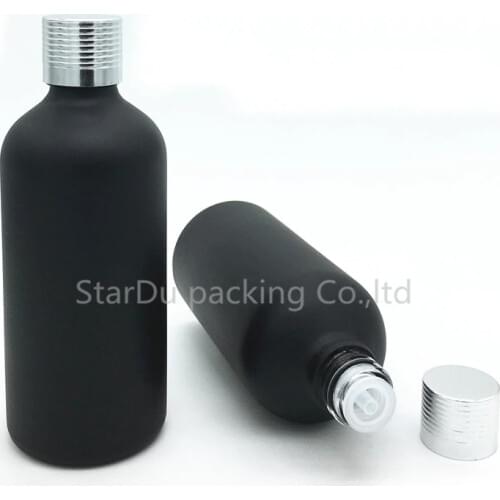 Free Shipping 200pcs 100ML Black Frosted Glass Bottle Vials Essential Oil Bottle with silvery screw cap Perfume bottles