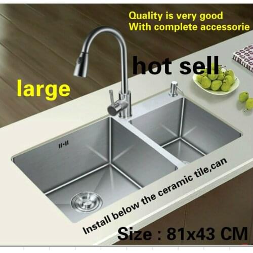 Free shipping Hot sell large vogue luxury kitchen manual sink double groove do the dishes standard 304 stainless steel 81x43 CM
