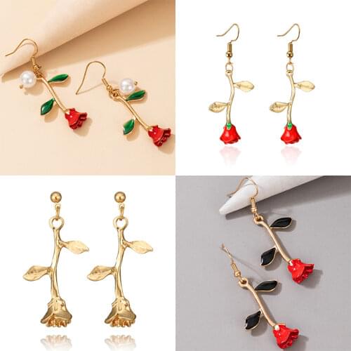 Docona Fashion Lady Red Rose Leaf Flower Drop Dangle Earrings for Women Pearl Long pendant Metal Alloy Earrings Jewelry серьги