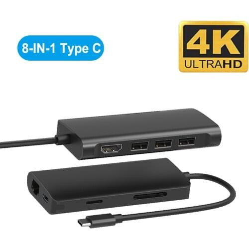 8in1 Type C Dock Station To HDMI-compatible Monitor USB 3.0 HUB RJ45 Lan for MacBook PC Samsung Huawei LG SD TF Card Reader