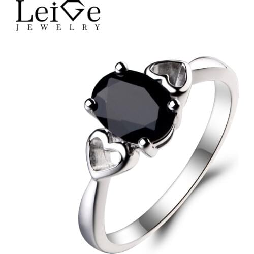 Leige Jewelry Solitaire Ring Natural Black Spinel Ring Anniversary Ring Oval Cut Black Gemstone Solid 925 Sterling Silver Ring