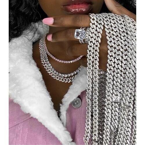 10mm width iced out bling 5A cubic zirconia Miami cuban chain for women 15" 16" 18" cz cuban choker necklace
