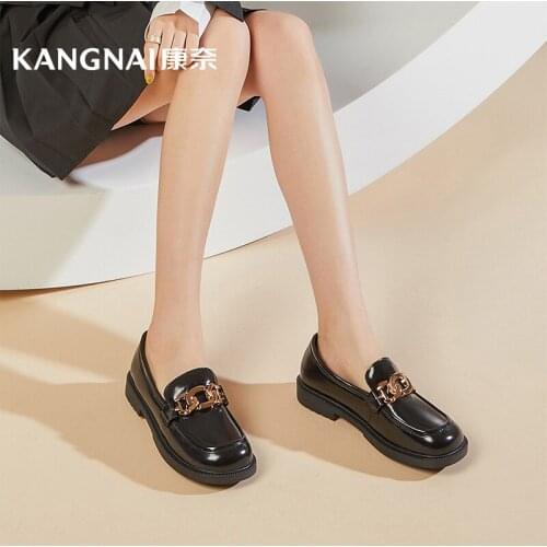 KANGNAI Loafers Women Leather Shoes Round Toe Metal Decoration Lolita Penny Shoes Retro Slip On Ladies Flats