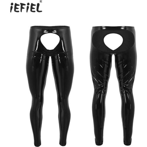 Men Erotic Latex Pants Gothic Punk Club Wear Open Crotch Leggings Pants Shiny Wetlook Patent Leather Legging Crotchless Trousers