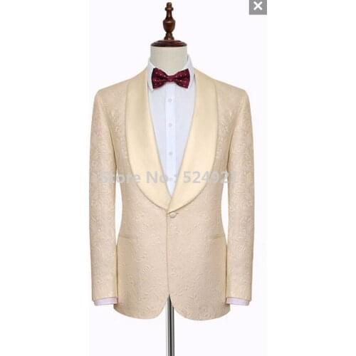Newest Groomsmen Champagne Pattern Groom Tuxedos Shawl Lapel Men Suits Side Vent Wedding/Prom Best Man ( Jacket+Pants+Tie ) C274