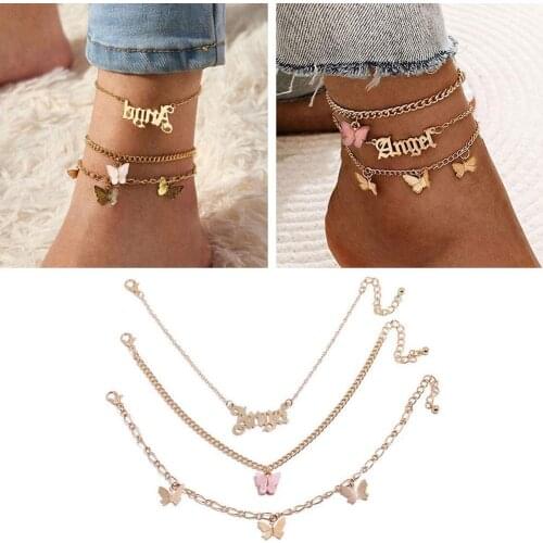 Three-piece Female Three-piece Set with Multi-layer Angel Letter Foot Decoration Sweet Pink Butterfly Anklet Sweet Girl Heart