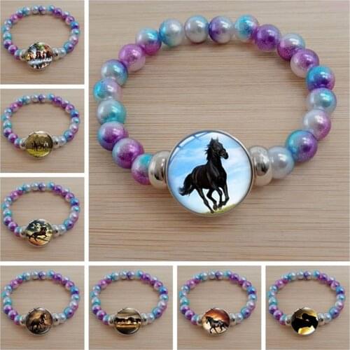 Gentle Animal Horse Art Photo Glass Dome Bracelet Color Bead Bracelet Men and Women Wristband Retro Jewelry