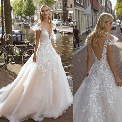 Charming A-Line Wedding Dress V-Back Cap Sleeve Wedding Gowns with Sequins Champagne Bridal Gowns