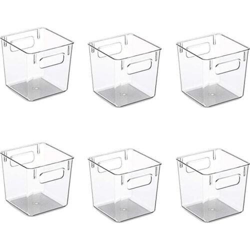 Plastic Stackable Kitchen Pantry Cabinet, Refrigerator or Freezer Food Storage Bins with Handles - 6 Pack - Clear