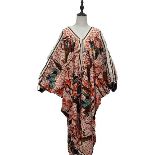 Thailand Popular Holiday Beach Sexy Lady V-neck Batwing Sleeve Silk Maxi Dress Dashiki African Muslim Women Robe Femme Dress