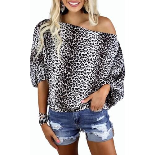 Casual Leopard Print T-shirt Women Summer Loose Slash Neck Half Sleeve Off The Shoulder Women T Shirt Tops Fashion Party Tops