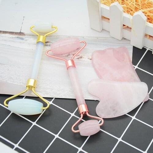 Natural Pink Rose Quartz Crystal Stone Gua Sha Roller Face Neck Beauty Massager Facial Massage Tools