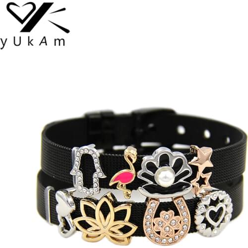 YUKAM Silver Color Hamsa Fatima Hand Flamingo Double Heart Star Lotus Horseshoe Slide Charms Keeper for Bracelets Jewelry Making