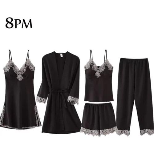 Sexy Summer Satin Silk Pajamas Sets Womens Lace Satin Pajamas Gown Set V-Neck Cami Nighties Wear Pijama Home Nightwear ouc520