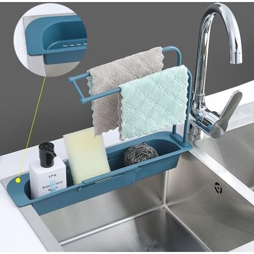 Telescopic Sink Shelf Kitchen Sinks Rack Organizer Drainer Rack Storage Basket Bag Holder Rag Towel Bar Household Supplies