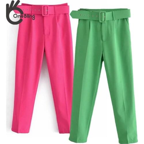 OneBling 2021 Za Woman Casual Traf Trousers Summer Autumn High Waist Ankle Length Career Pants Belted Office Lady Straight Pant