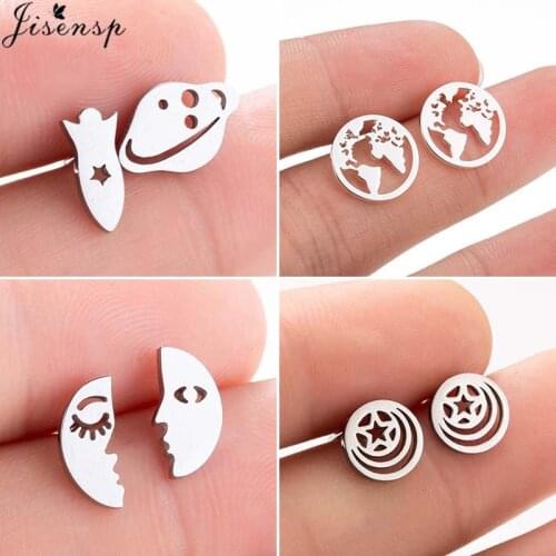 Jisensp Exquisite Hollow Rocket Stud Earrings Unique Spacecraft Planet Stainless Steel Earring for Women Ornaments Jewelry Craft