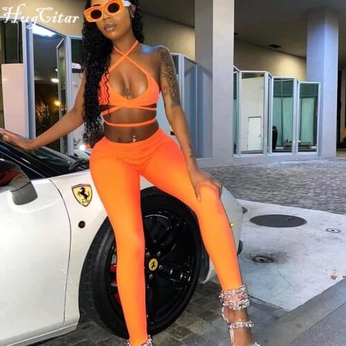 Hugictar 2021 Sleeveless Halter Solid Bandage Bra Pants 2 Pieces Set Sexy Summer Women Streetwear Y2K Club Outfits Bikini