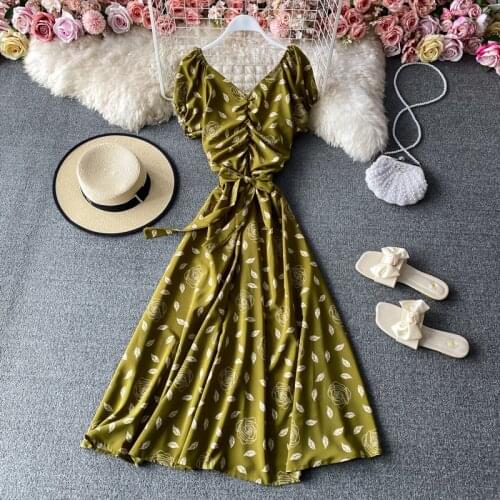 Women Floral Print Beach Long Dress Seaside holiday Elegant Short Sleeve Sexy V neck Backless Dresses 2021 Summer Sweet Vestidos