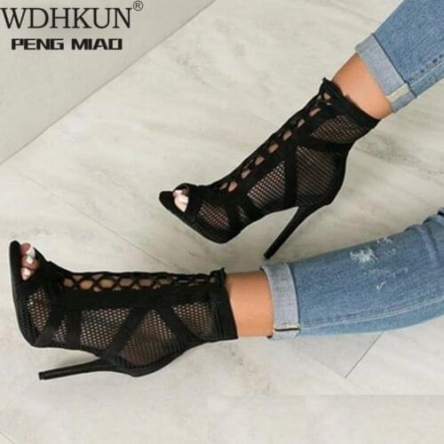 11cm 2021 Fashion Black Summer Sandals Lace Up Cross-tied Peep Toe High Heel Ankle Strap Net Surface Hollow Out Sandals