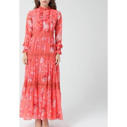 2021 Autumn New Vintage Silk Dresse Women Fashion Designer Long Sleeve Water-soluble flower Patchwork Printed Elegant Long Dress
