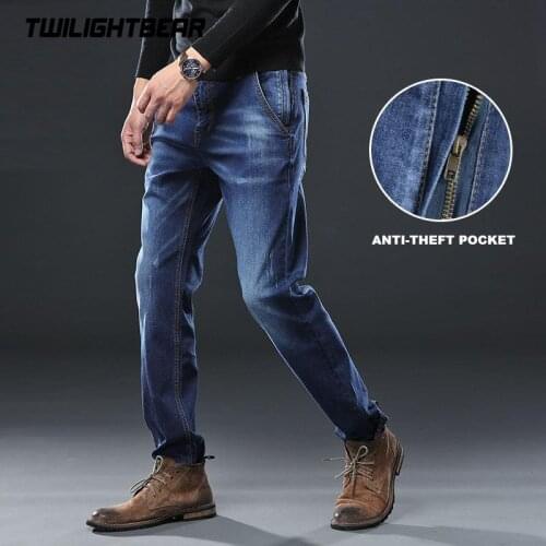 Brand Mens Stretch Jeans Male Plus Size Loose Anti theft zipper Straight Casual Denim Pants Men Clothing Trousers 30-48 AF991
