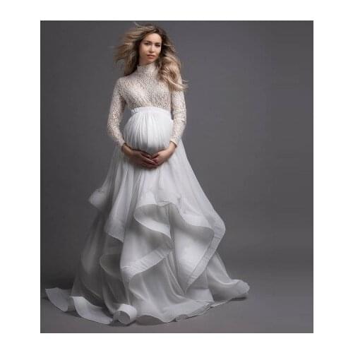 Elegant Lace Pregnancy Dresses High Neck Long Sleeves Fluffy Chiffon Puffy Skirt Plus Size Photo Shoot Materntiy Gowns