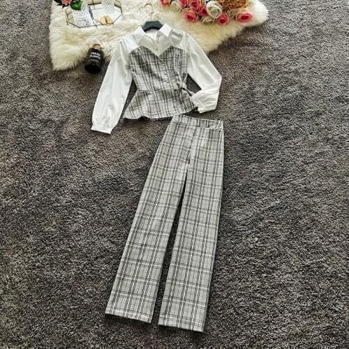 Ol temperament lattice workplace suit womens 2021 spring new standing collar Lantern Sleeve Top + straight pants 9224