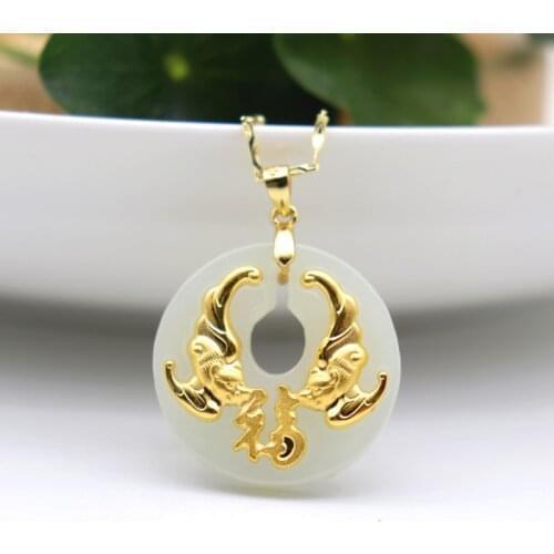 Natural Hetian Jade Men Women Necklace 24k Gold Double Bats Blessing In Sight Lucky Pendants For Male Female Christmas Xmas Gift