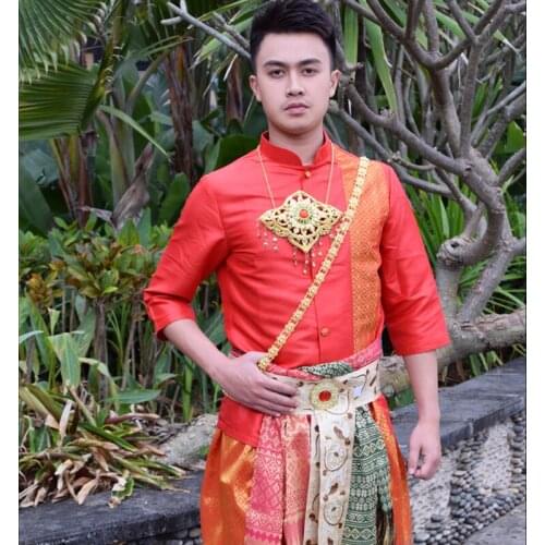 Thailand Costume Wedding Dress for Mens Red Stand Collar Half Sleeve Dai Festival Thai Dress Thailand Traditional Clothing