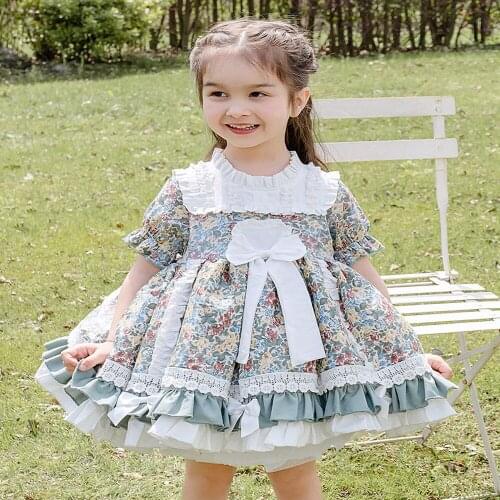 Summer Childrens Lolita Floral Short Sleeve Dress 2021 Spanish Princess Prom Dress Baby Girl Birthday Party Dress