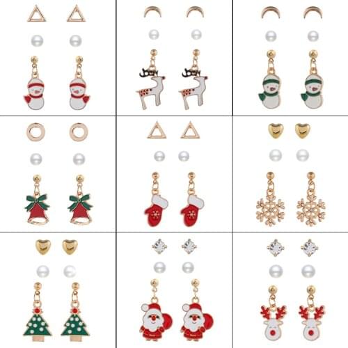 Love Pearl Elk Metal Pendant Earrings Set Santa Elk Snowman Snowman Christmas Tree Earrings Female Trendy Jewelry Gift Friends