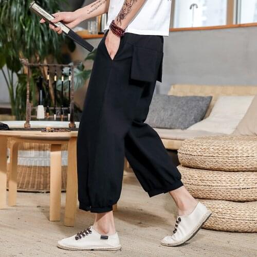 2020 New Mens Harem Pants Harajuku Style Elasticated Waist Big Pocket Sweatpant Mens Cotton Linen Casual Streetwear Man Trouser
