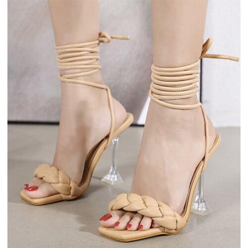 New Summer Weave Leather Womens Sandals Transparent Spike High Heels Shoes Square Toe Cross Strap Thong Sandals Ladies PW088