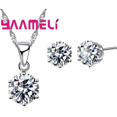 New Big Sale Wedding Jewelry Sets for Women 925 Sterling Silver Clear CZ Necklace Pendnat and Stud Earrings