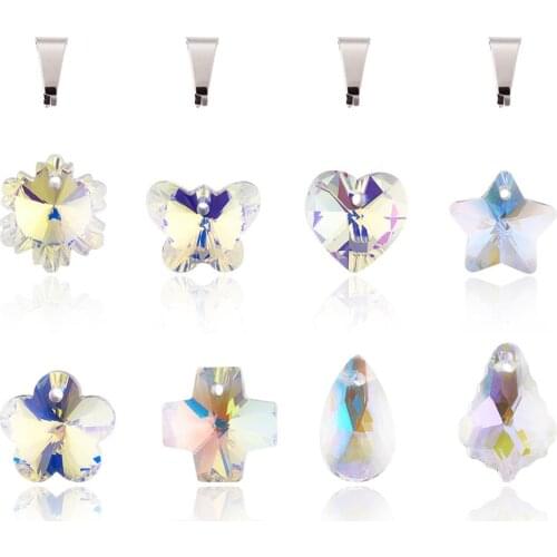 1Box Mixed Star Heart Cross Flower Butterfly Drop Leaf Shape Glass Pendants with 304 Stainless Steel Snap on Bails AB Color