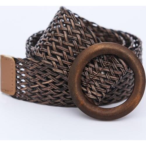 New Vintage Straw Wide Hollow Out WaistBand Braided Smooth Striped Waist Belts Round Wooden Buckle Belt for Women Dress Ornament