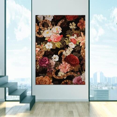Serpents avec des fleurs - Toile florale d’art de mur - Art mural floral de toile - Art moderne abstrait - Art de mur animal