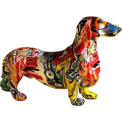 Statue Figurine Sculpture Home Office Table Desktop Decor Ornaments Nordic Modern Colorful Graffiti Style Painted Dog Dachshund