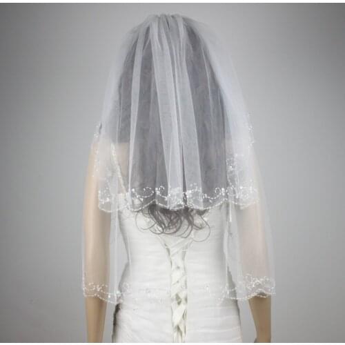 Wedding accessories 2 tier Elbow Length Bridal Veil hand beads embroidered White Beige comb bride veil velo de novia