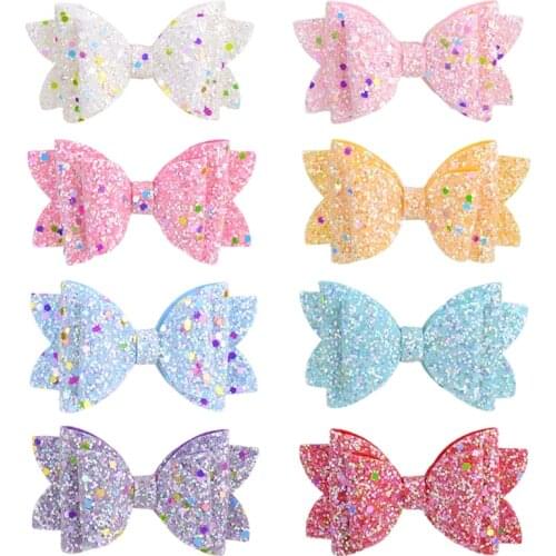 New 3.4 Inches Solid Glitter Hair Bows Shining Hair Clip For Kids Girls Boutique Hairgrips Handmade Heawear Hair Accessories